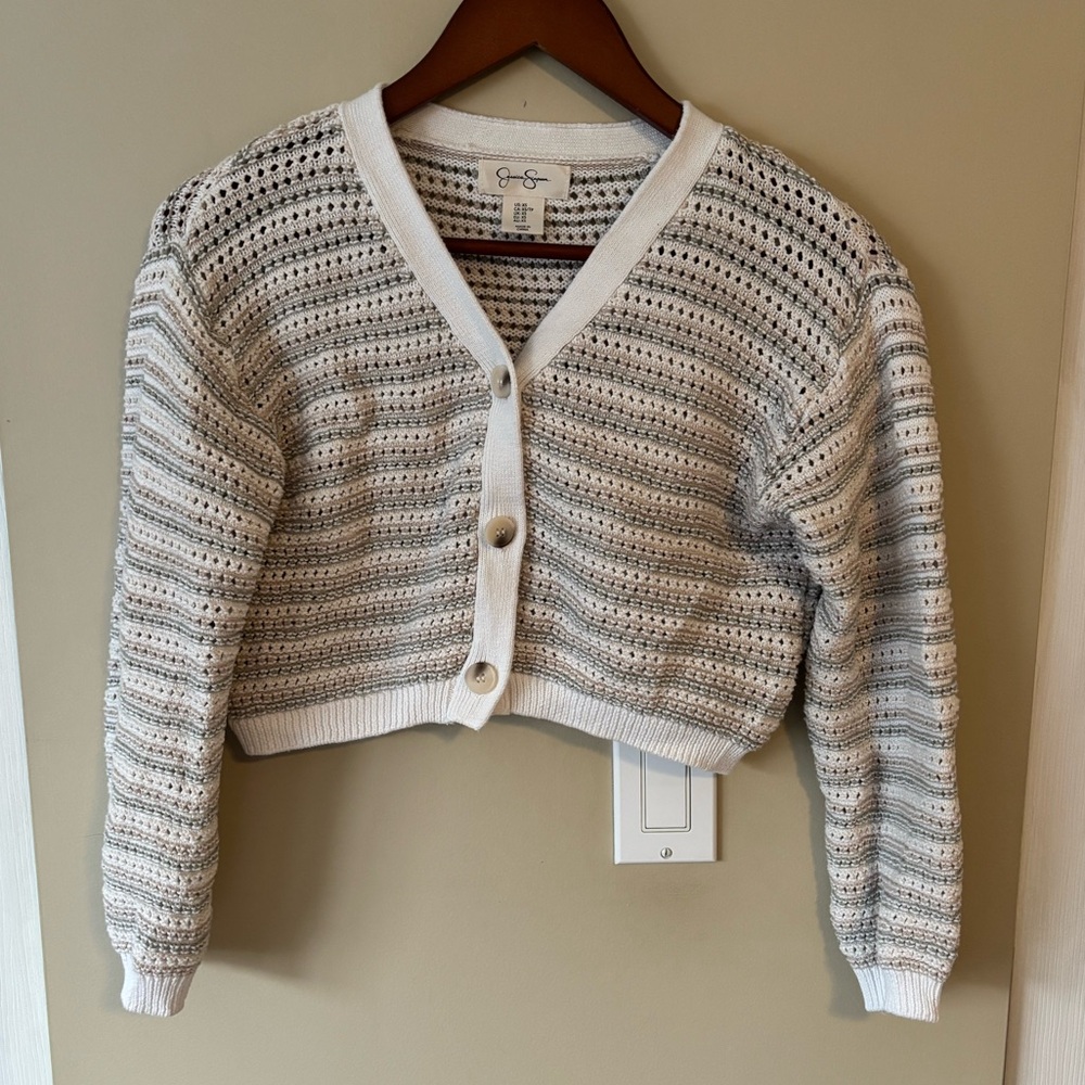 Jessica Simpson Women's White and Sage Green Knit Cropped Cardigan Sweater